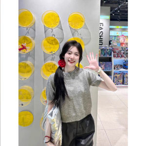 Áo Len Dệt Kim Tay Ngắn Mùa Xuân Cho Nữ Áo Thun Khoét Đá Dáng Rộng Đa Năng Áo Ngắn Chất Liệu Polyester Phong Cách Công Sở Hàn Quốc