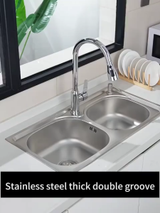 【Never rust】304 Stainless Steel Kitchen Sink Complete SET lababo 75*40cm Double-Slot Household Kitchen Vegetable Washing Sink With Drain pipes and faucets Lababo Sink wash basin/Wash Vegetable Basin