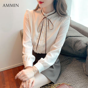 Ammin Mùa Thu Khí thời trang mới nối ren dây nơ Dài Áo Có Tay Cho Phụ Nữ 2023 Mới Lỏng Lẻo Lỏng Lẻo Và Linh Hoạt Xù tay áo bong bóng Áo Voan