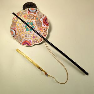 Retro Tang Dynasty Style Folding Long Handle Curtain Fan Six-Petal Lotus Flower Rollable Fan Bamboo Material Traditional Chinese Craft