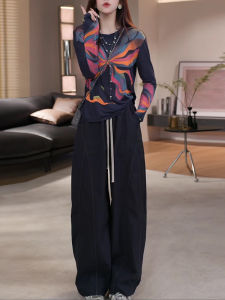 Shalldoer | Bộ đồ hai mảnh dài tay cổ tròn in họa tiết màu tương phản quần ống rộng thoải mái thời trang thu đông dành cho nữ