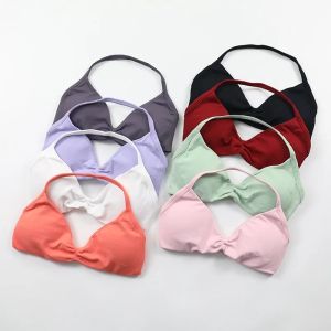 Strappy Bra Gym Top ผู้หญิงสูงสนับสนุนสายบาง Halter กีฬา Bras Scrunch Push-Up ออกกําลังกายโยคะเสื้อกล้าม