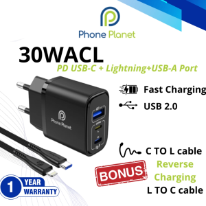 Phone Planet 30WACL Charger Bonus Kabel Type C to Lightning dengan 30W USB-L+C+A