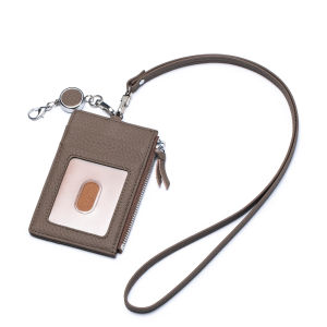 Genuine Leather ID Card Holder Wallet Multi-Function Lanyard Zipper Closure Womens Style Korean Soft Leather Pouch Crossbody
