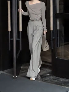 MANMI | Quần Dài Chân Rộng Cao Waist Minimalist Style Màu Xám