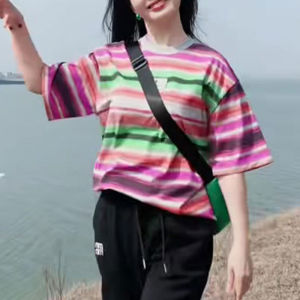 UYFY | Colorful Striped Short Sleeve T-Shirt Women Base Layer Meat Conceal Thin Show Summer New Plus Size Fat MM Large Code Top