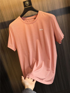 Fashion City Style Mens Short Sleeve T-Shirt Solid Color Pure Elastic Ice Silk Fabric with Letter Print for Summer