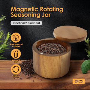 1 or 2 Compartments Acacia Wood Salt Bowl with Built in Spoon and Magnetic Swivel Lid Round Salt Cellar Kitchen Salt Holder