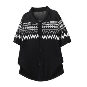 LIUBU | Vintage Fair Isle Design Ice Silk Knit Short Sleeve T-Shirt