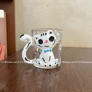 Creative Hand-Painted Embossed Glass Cup with Handle Cat Design High Aesthetic Value Couple Cup Home Use Birthday Gift
