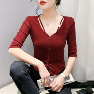 YIMEI เสื้อผ้าไหมตาข่ายคอวีติดกระดุมสีแดง2024ฤดูร้อนเข้ารูปพอดีใหม่