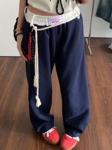 Retro Loose Straight Leg Casual Pants Womens Early Autumn Spring Patchwork Waist Wide Leg Sports Long Trousers