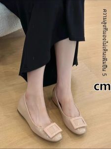 Lamb Skin Version Womens Shoes Increased 5cm High Heels round Head Soft Leather Nude Color Summer Fashion Single Shoes