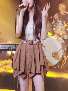 Váy Chữ a Cạp Cao Không Đều Cổ Điển Cho Nữ Mùa Hè 2025 Váy Ngắn Xếp Ly Đơn Giản Màu Trơn Bằng Vải Tổng Hợp Váy Công Sở