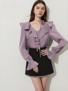D-PLAY | Purple Light-catching Organza Blouse with Ruffle and Puff Sleeves