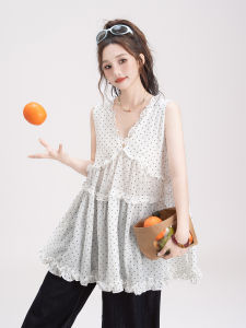 White Polka Dot Print Ruffle Hem V-Neck Vest Womens Summer Slimming Sleeveless Top Trendy Fashion Small Size Friendly