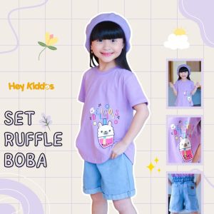 Setelan Anak Perempuan Terbaru Set Boba Ruffle Set Celana Pendek Jeans Anak Perempuan Hey Kiddos Baju Anak Perempuan Lucu Baju Boba