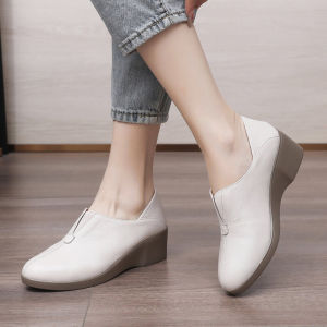 Comfortable Leather Mom Shoes mid Heel Anti-Slip Soft Bottom Deep Mouth Single Shoes Womens Small Size Casual Leather Shoes