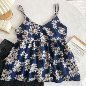 Summer Korean Style Floral Print Halter Neck Short Sleeveless Base Layer Top Sweet Fresh Vacation Vibes Commute Friendly