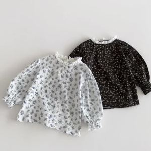 Spring Baby Girls T shirt Little Girls Linen Cotton Long Sleeve Floral Blouses Tees Infant Ruffles Tops Toddler Girl Clothing