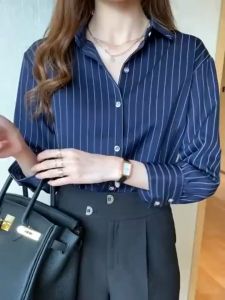 Women Shirt Stripe Shirt Women Blouse women New Korean Style  Chiffon Top Business Formal Shirt Women Office Wear Women baju perempuan kemeja perempuan Chiffon Shirt thick and solid opacitas Womens Long-Sleeved