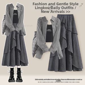 NUMEN BUTTON | Plus Size Lazy Style Three-piece Set Slim Shirt Tank Top Irregular Skirt