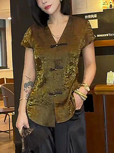 High-End Yellow V-Neck Button-Up plus Size Womens T-Shirt Fashionable Summer Top for Pear Shaped  Shaped Body Types