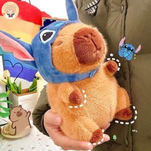 Lovely Capybara With Pikachu Hat Stitch Lucifer Cat Hat Plush Toy Creative Stuffed Animals Capybara Doll Girl Bag Pendant Gifts
