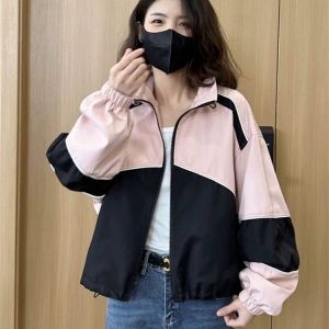 Color Block Baseball Style Short Jacket Womens Casual Loose Fit Open Cardigan Spring 2025 Fashion Trend Outerwear