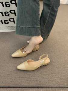 Leather Low-Heeled Pointed-Toe Womens Sandals French Style Fashionable Flat Heel Open-Toe Slip-On Summer Shoes for Young Women