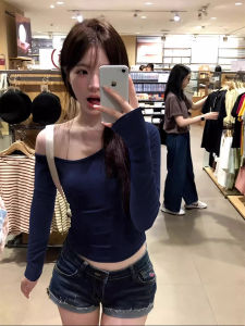 Shoulder Bared Long Sleeve Pure Cotton T Shirt Womens Spring Autumn Base Shirt Inner Wear Hot Sale 2025 New Style One Piece