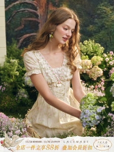 French Country Floral Short Sleeve Long Dress Fishbone Skirt Commute Summer Womens Cotton Princess Style A-Line Dress