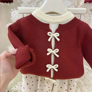 เสื้อสเวตเตอร์ถักสีแดง เสื้อผ้าเด็กผู้หญิง ฤดูใบไม้ผลิและฤดูใบไม้ร่วง เสื้อผ้าเด็ก ชุดฤดูหนาว เสื้อผ้าเด็ก แฟชั่น เสื้อผ้าเด็ก 2025 ใหม่