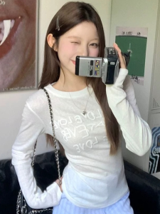 White Thin Letter Print Long Sleeve Air Conditioner Cover up T-Shirt Womens Summer New Style Pure Desirable Spicy Girl Sunscreen Clothes