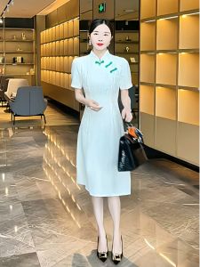 Elegant Short Cheongsam Young Style New Fashion Spring Summer Korean Version round Neck High Waist A-Line Skirt Dress