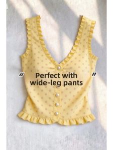 V.C.I | Yellow Dots Ruffled Edges Pearl Button Spaghetti Strap Tank Top