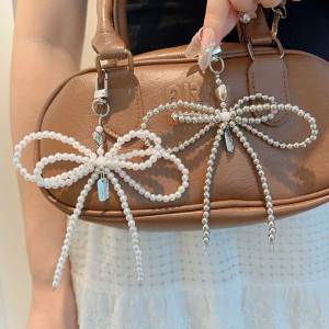 Double layered Pearl Ribbon Bow Phone Chain Laser Star Charm For iPhone Samsung Short Lanyard Strap Accessories Key Bags Decor