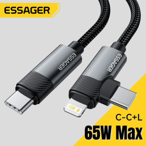 2m Long Essager 2-in-1 Right Angle Cable C-L 29W C-C 65W Fast Charging Elbow Data Cable For iPhone 16 15 14 13 12 MacBook iPad