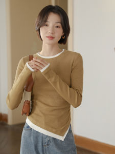 Stylish Fake Two-Piece Womens Top Slim Fit Inner Wear Knitting Bottoming Shirt Asymmetrical Shoulder Pure Cotton Long Sleeves T-Shirt Women