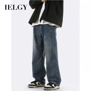 IELGY Mens New Stitching Color Contrast Loose Straight Pants Jeans