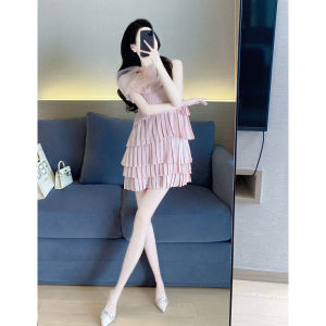 กระโปรงจีบรอบผู้หญิงสำหรับฤดูร้อนชุดเดรสแขนกุดคล้องคอผูกโบว์เรียบหรูแบบเซเลบริตี้สไตล์ฝรั่งเศสดูแพงแบบใหม่ปี2022