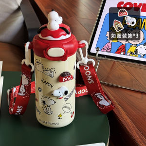 Cute Snoopy 316 Stainless Steel Straw Water Bottle for School Children Students Girls Insulated Cup Beverage Container 480ml
