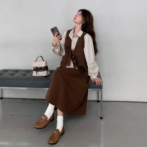 Retro Coffee Color Womens Three-Piece Set Autumn New Design Sense Vest Shirt Half-Skirt Ensemble Fashionable Casual Outfit