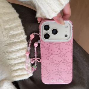 Full Screen Pink Lines Hello Kitty Glitter Phone Case For iPhone 17 Pro 16 15 14 13 17 Pro Max Y2K Pink Girl Shockproof Cover