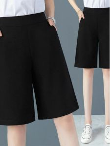 Black A-Line Wide Leg Short Pants Womens Summer Thin Loose Fit Casual Sports Five Pockets Handkerchief Thin Fabric High Waist