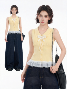 BAIDAIFEI | Yellow Lace Bow Design Tank Top