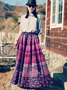 Bohemian Vintage Feather Print Maxi Skirt Versatile Natural Waist Umbrella Skirt Cotton A-Line Midi Skirt for Women