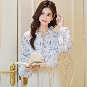 French Floral Chiffon Shirt Womens Elegant Spring Autumn New Style Beautiful Top European Fashion Small Shirt Bubble Sleeve