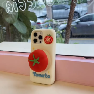 3D Telescopic Stand Tomato Silicone Phone Case for iPhone 13 14 15 16 17 Pro Max Casing Soft Silicone Cover for iPhone 16 Pro Max Case