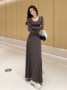 Simple Solid Color Long Midi Skirt Set Womens Early Autumn Outfit High Waist Two-Piece Suit Korean Style Casual Dress